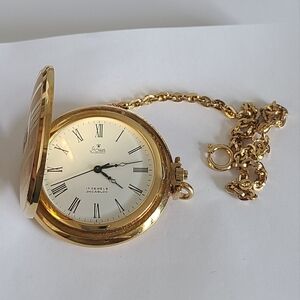 Vintage Stowa 17 Jewels Germany Caledar Date Gold Plated Pocket Watch w Chain